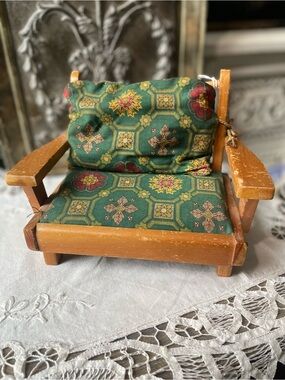 Vintage 1950 MCM Wood Doll couch green fabric Pert